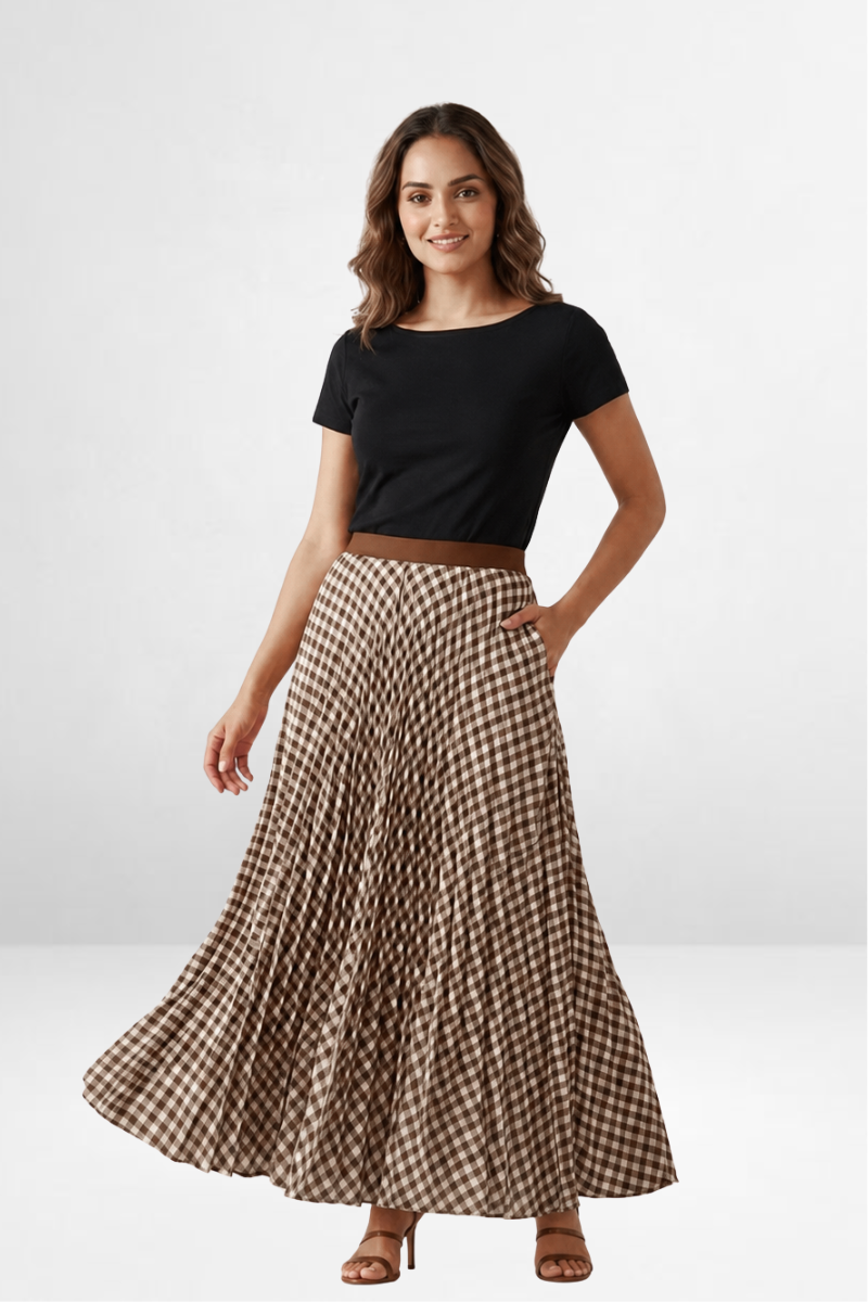 Gingham Pleated Long Skirt