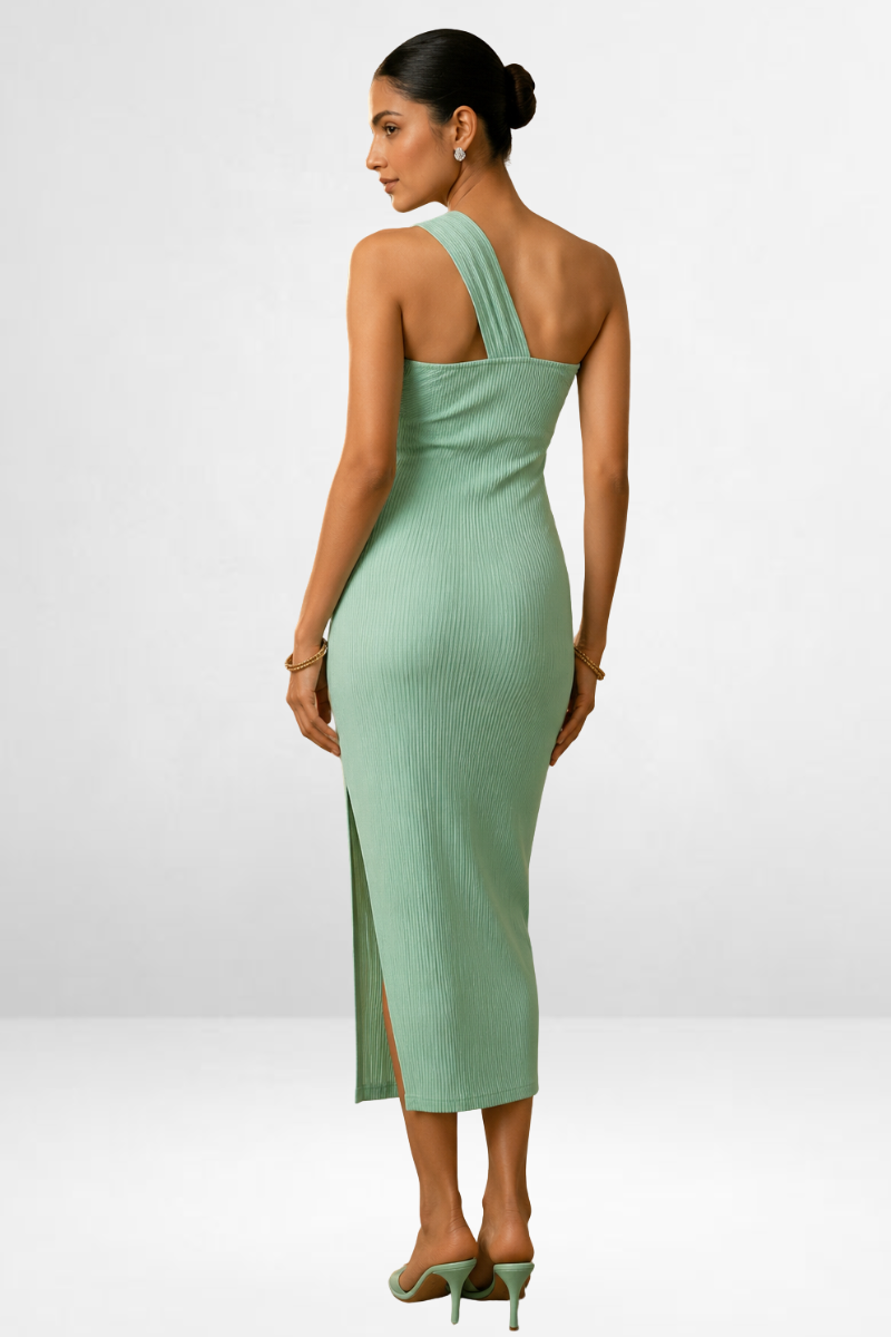 One-Shoulder Twist Detail Ribbed Midi Dress