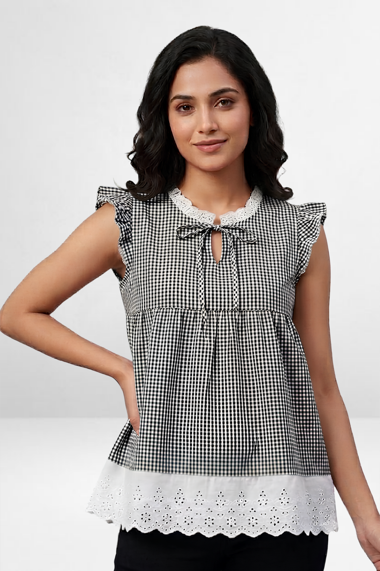 Gingham Lace Trim Peplum Top