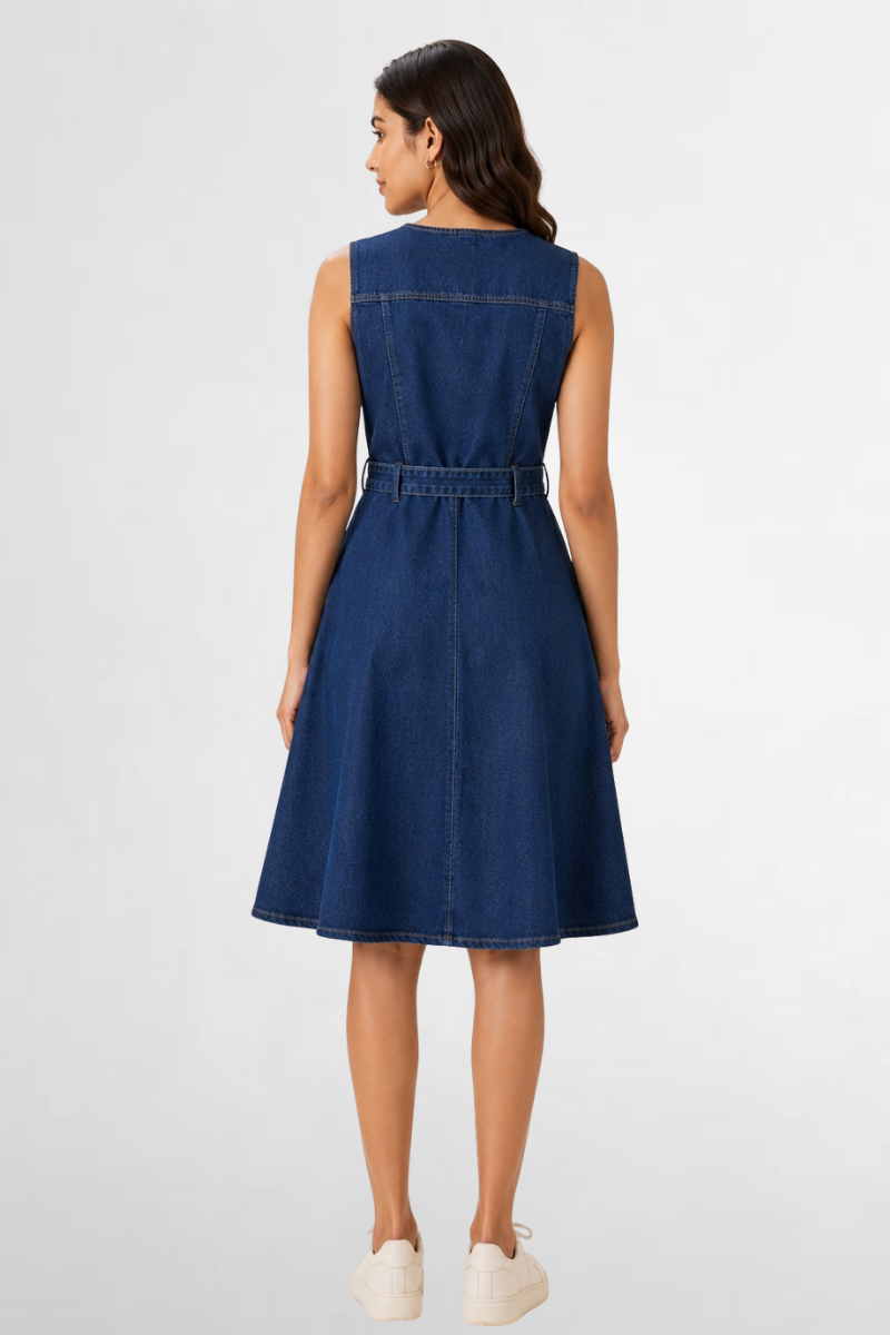 Belted Denim Fit & Flare Dress