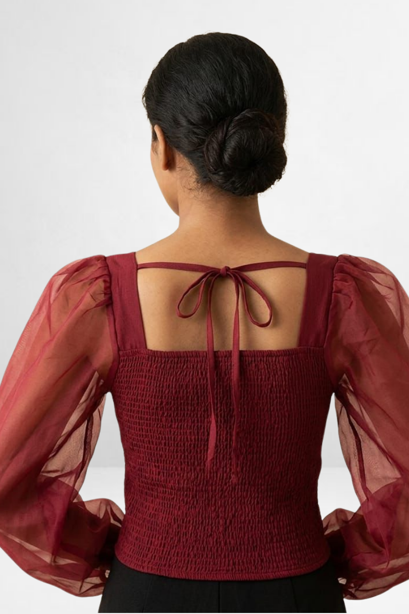 Ruched with Sheer Puff Sleeves