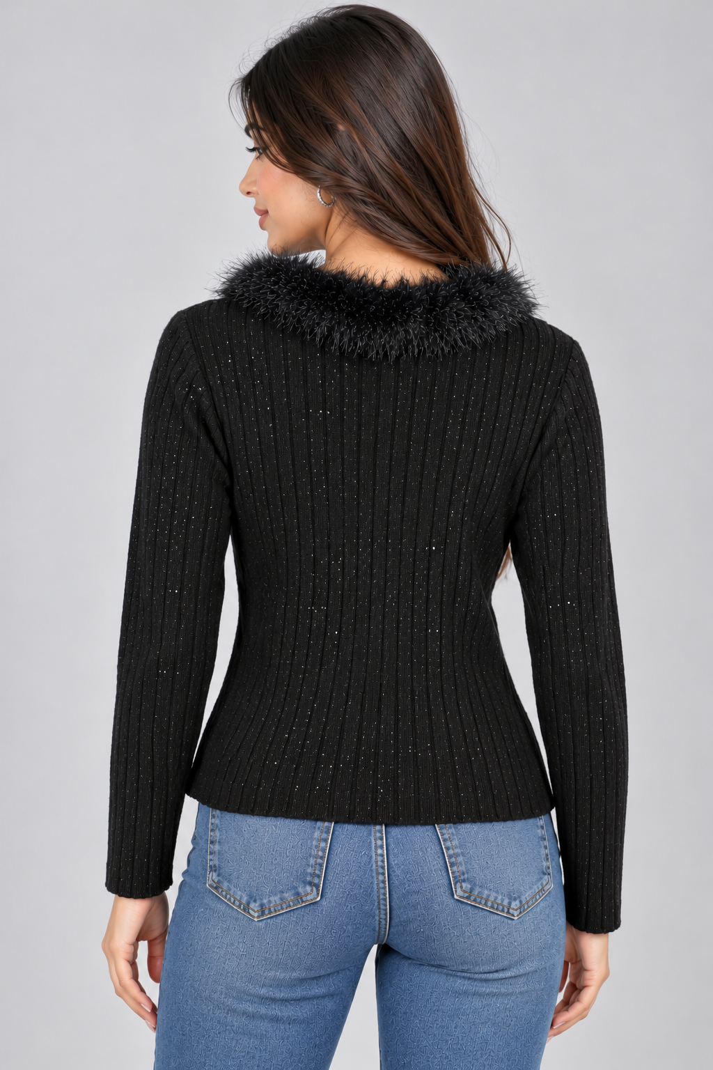 Fur Trim Sparkle Ribbed Cardigan