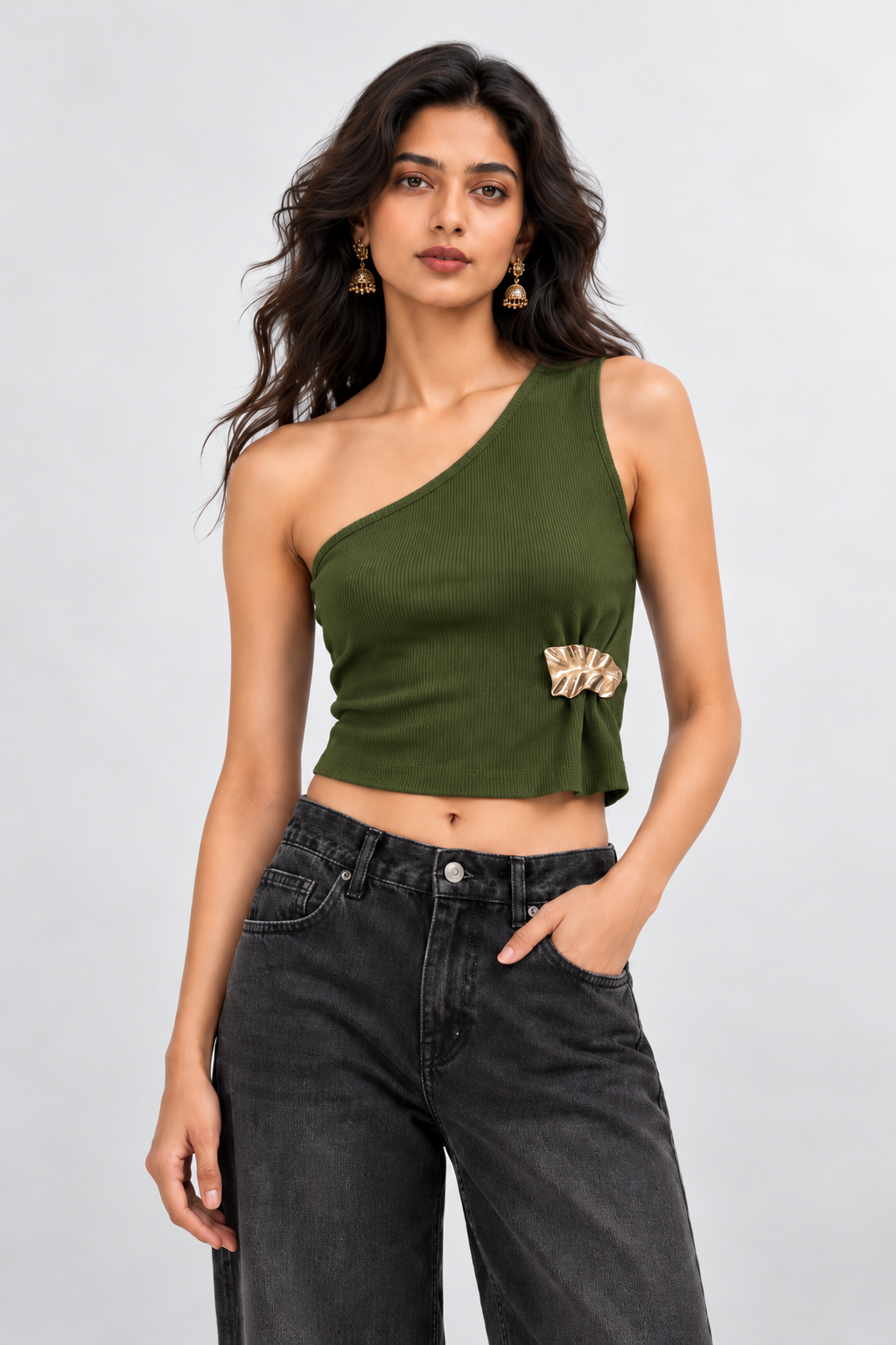 Metallic Knot One-Shoulder Top