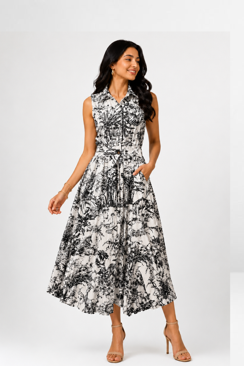 Botanical Print Sleeveless  Dress