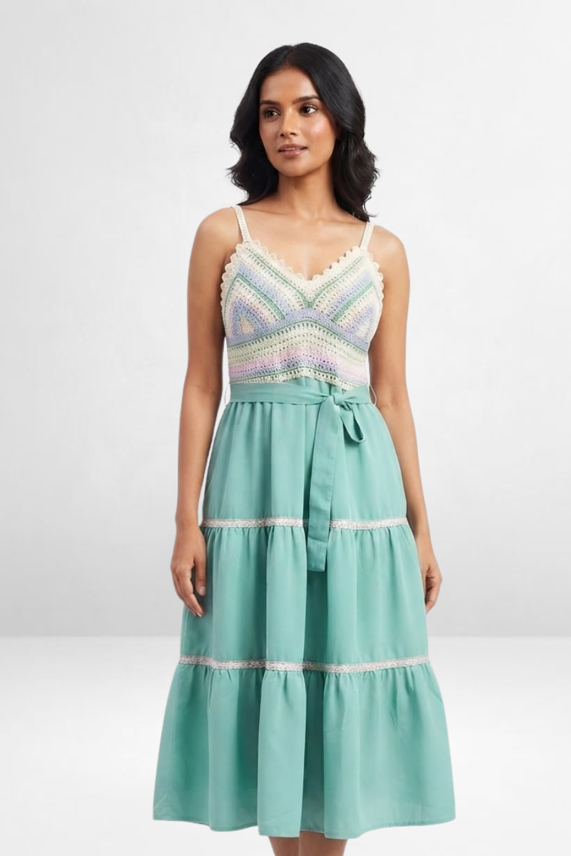 Crochet Bodice Tiered Midi Dress