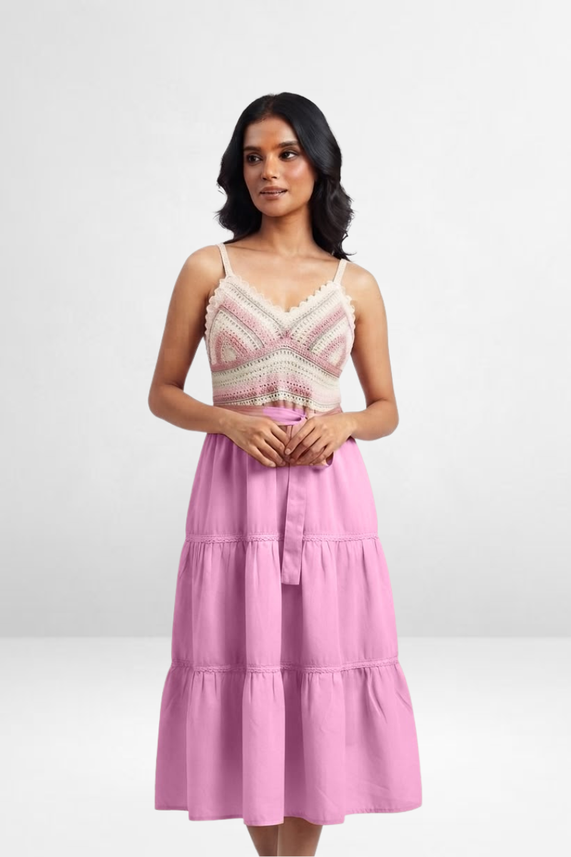 Crochet Bodice Tiered Midi Dress