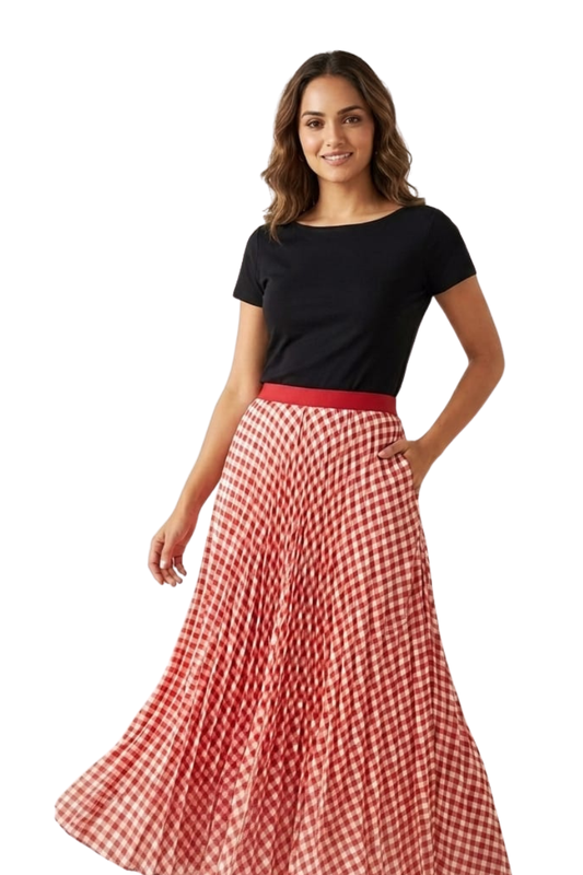 Gingham Pleated Long Skirt