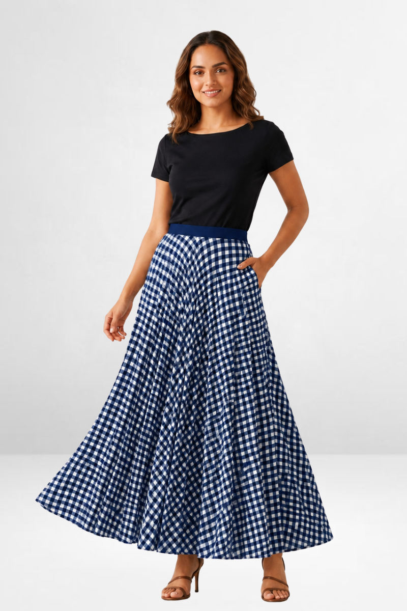 Gingham Pleated Long Skirt