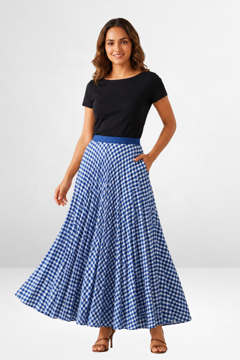 Gingham Pleated Long Skirt