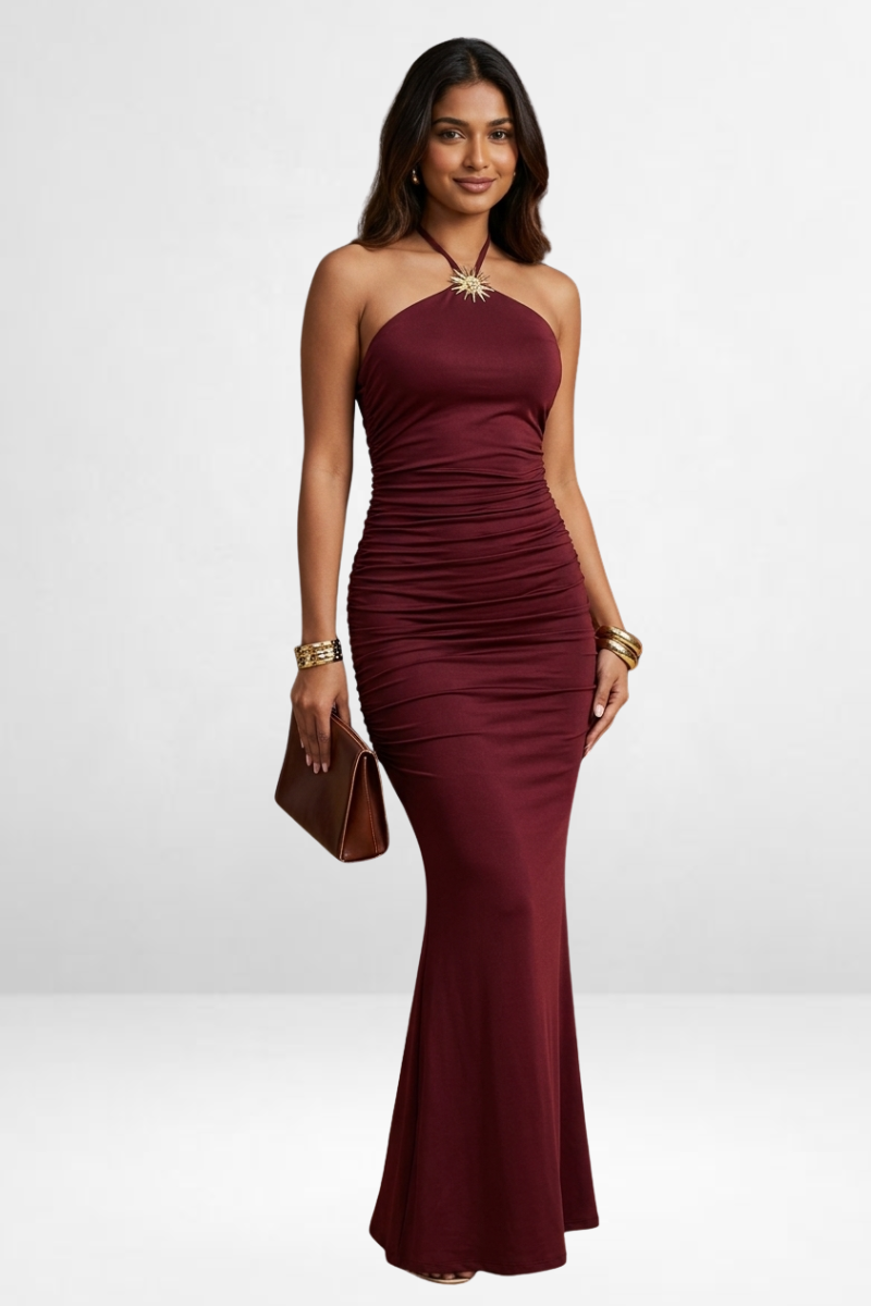 Halter Neck Ruched Mermaid Maxi Dress