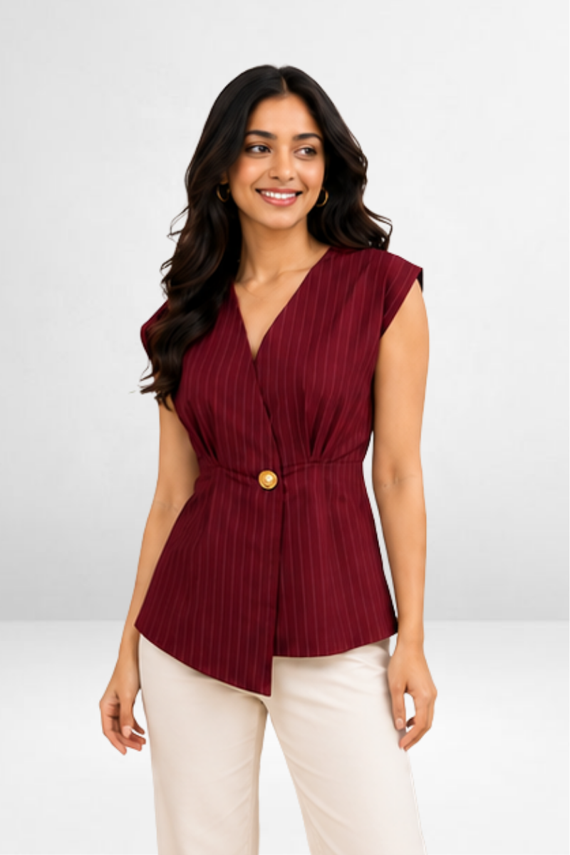 Pinstripe Wrap-Style Top
