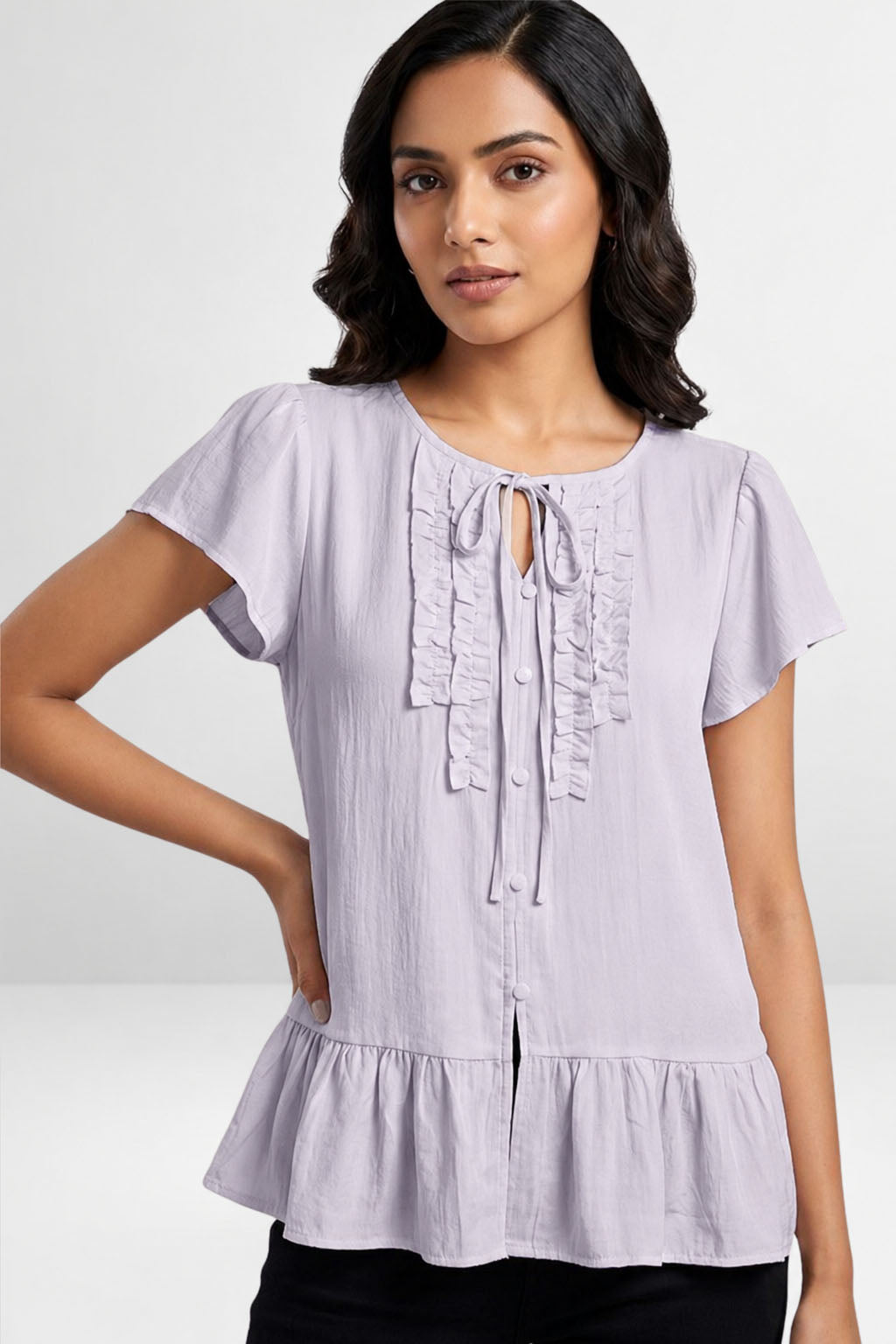 Ruffle Tie-Neck Peplum Top