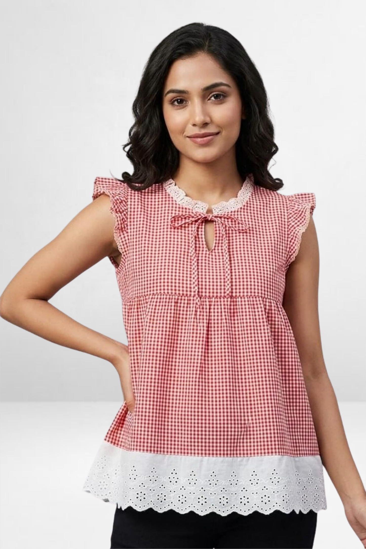 Gingham Lace Trim Peplum Top