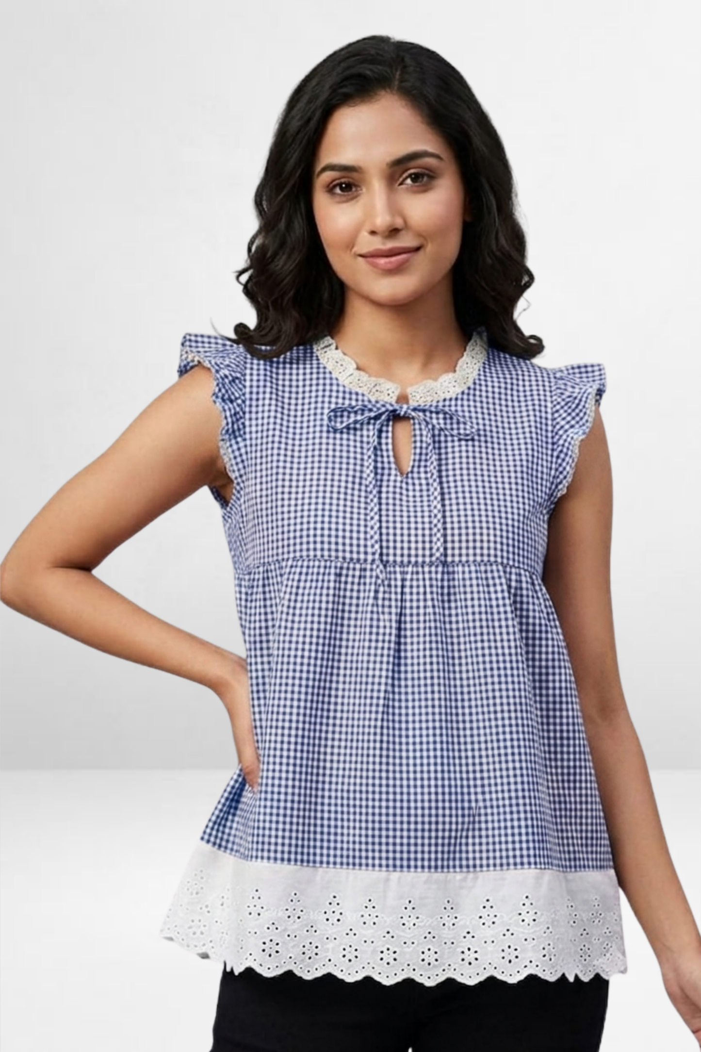 Gingham Lace Trim Peplum Top