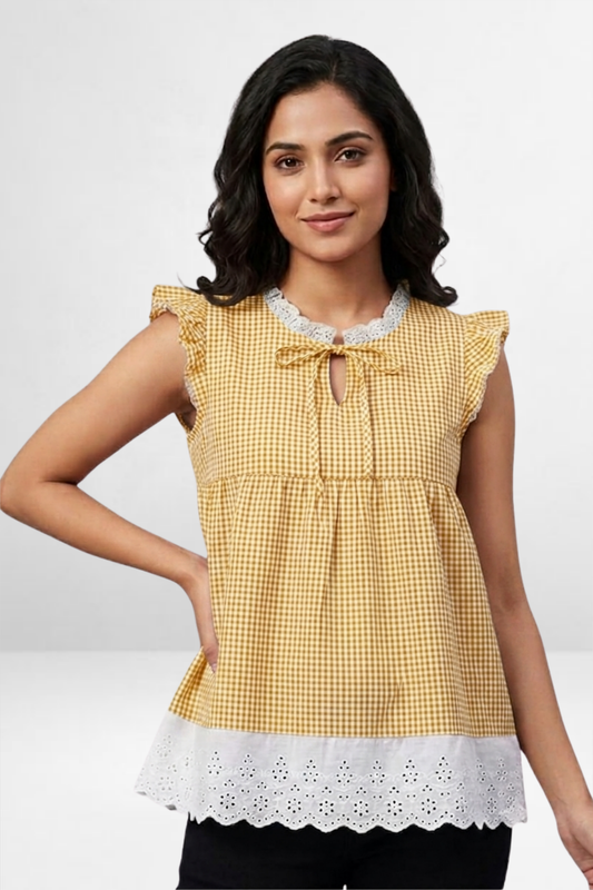 Gingham Lace Trim Peplum Top