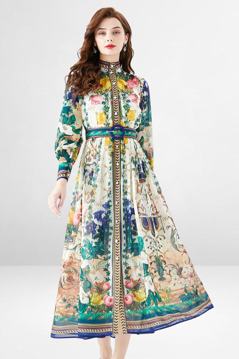 Vintage Garden Floral Belted Maxi Dress