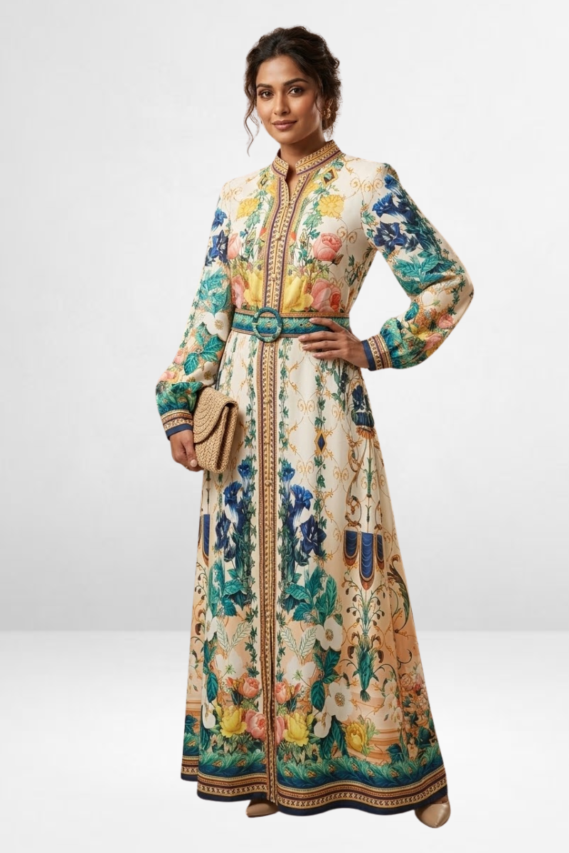 Vintage Garden Floral Belted Maxi Dress