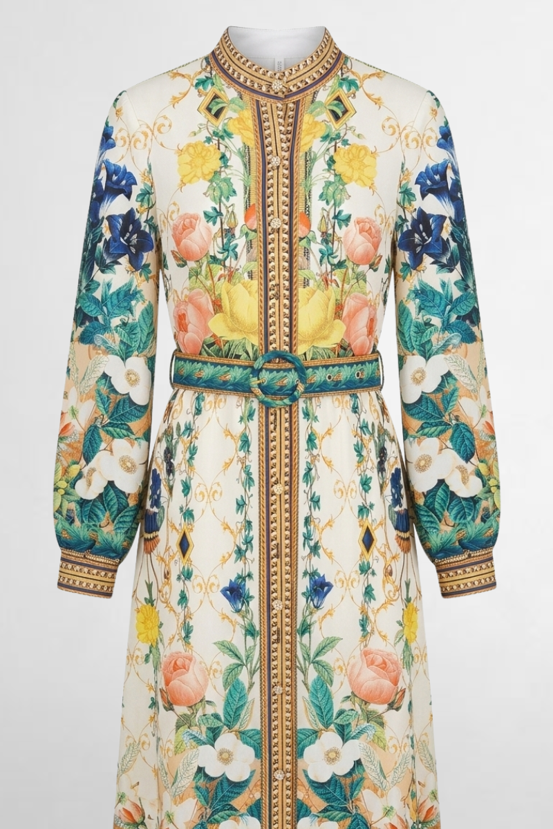 Vintage Garden Floral Belted Maxi Dress