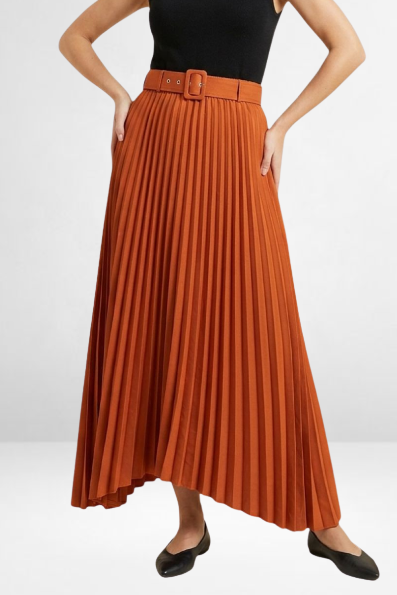 Rust Pleated Belted Skirt