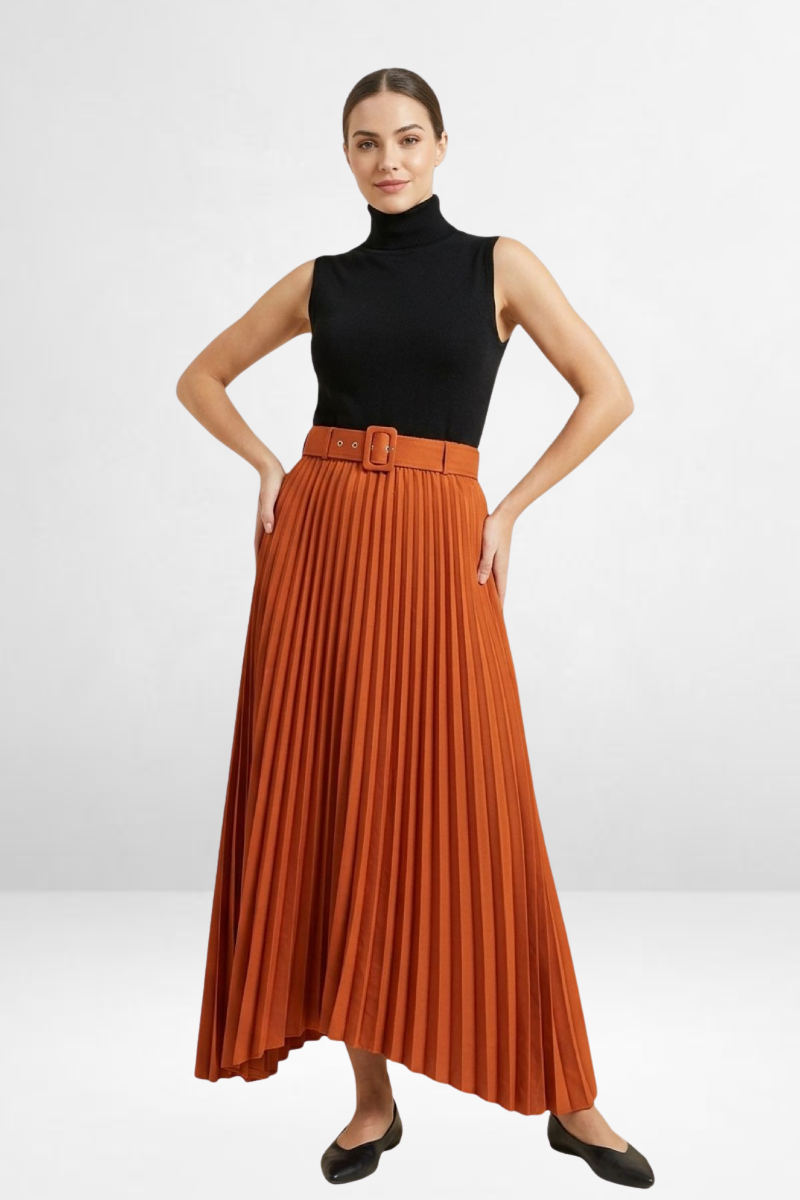 Rust Pleated Belted Skirt