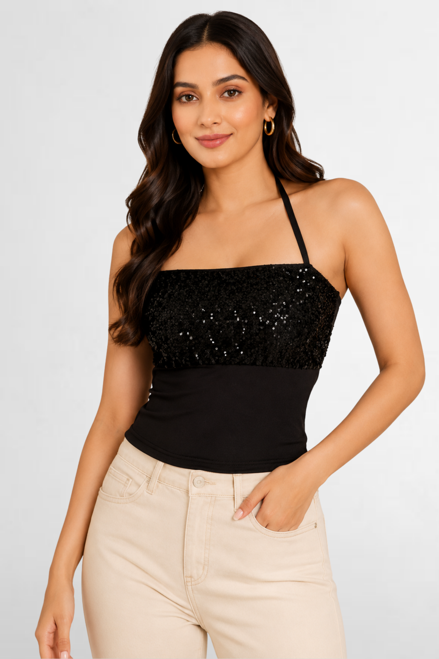 Sequin Panel Halter Neck Top
