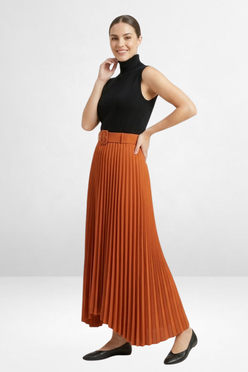 Rust Pleated Belted Skirt