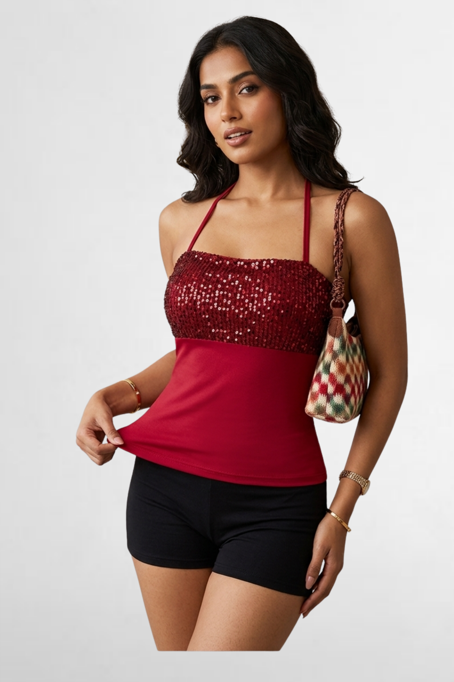 Sequin Panel Halter Neck Top