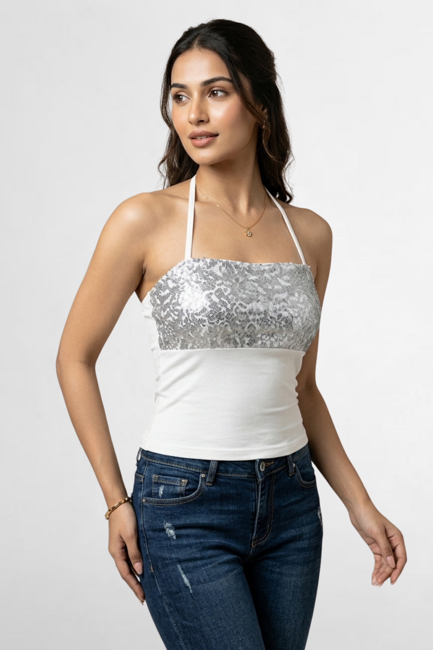 Sequin Panel Halter Neck Top
