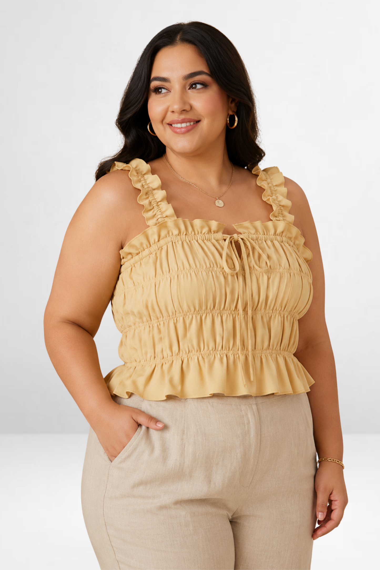 Ruched Ruffle Strap Crop Top