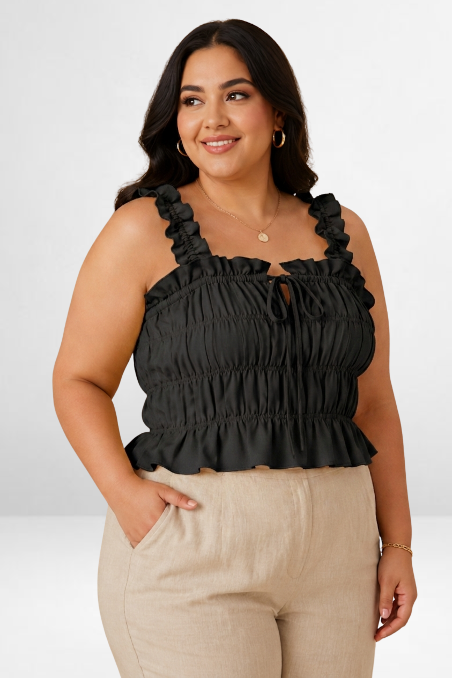 Ruched Ruffle Strap Crop Top