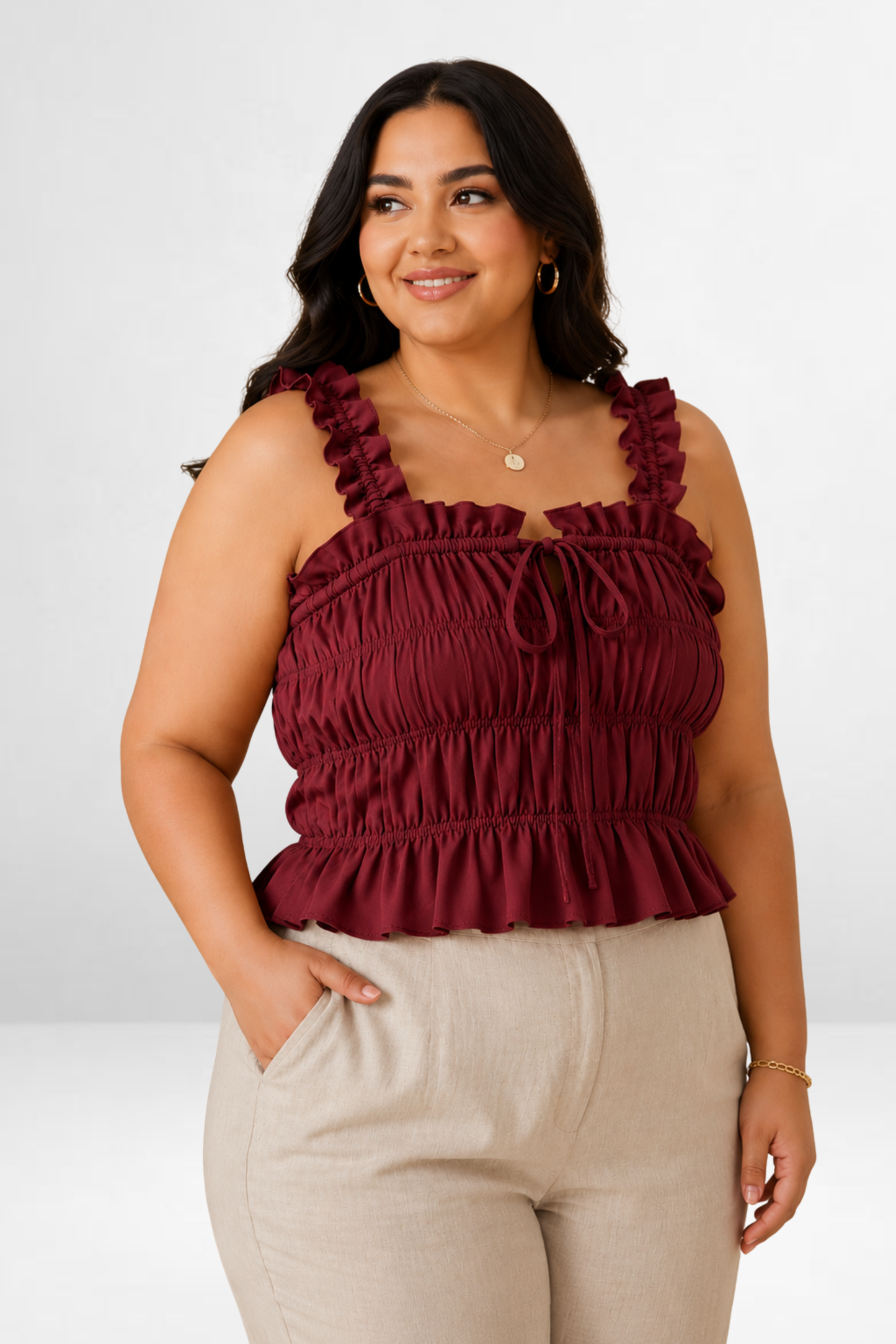 Ruched Ruffle Strap Crop Top