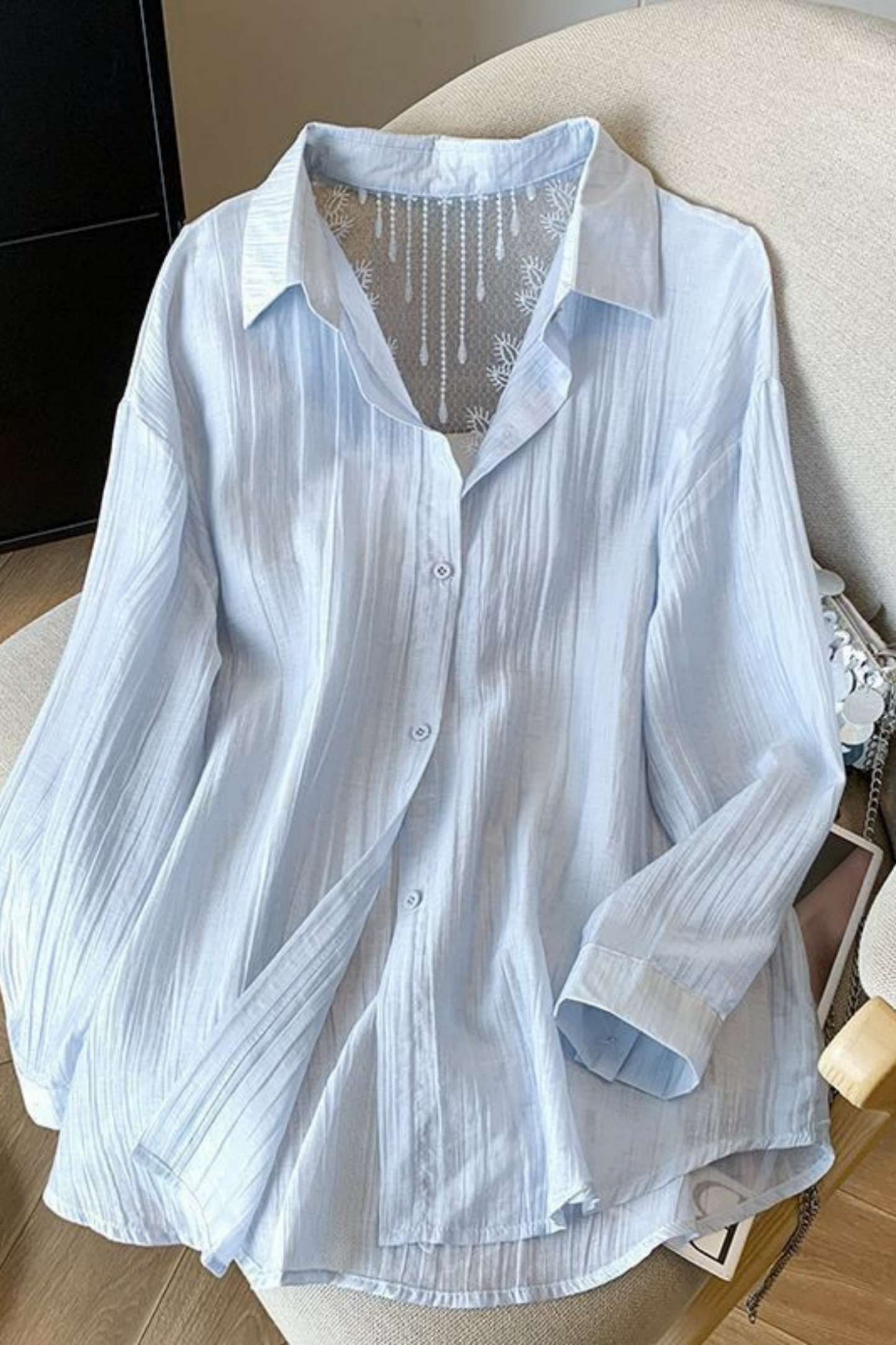 Lace Back Sheer Button-Down