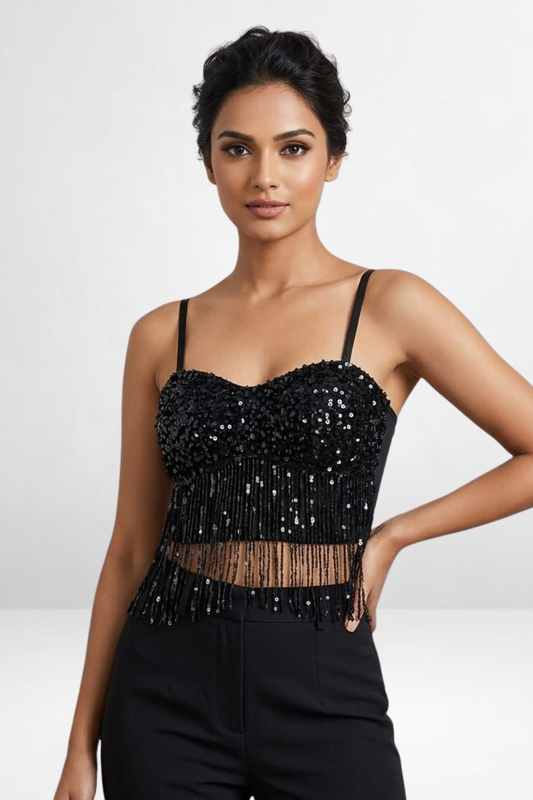 Midnight Sequin Fringe Bustier Top