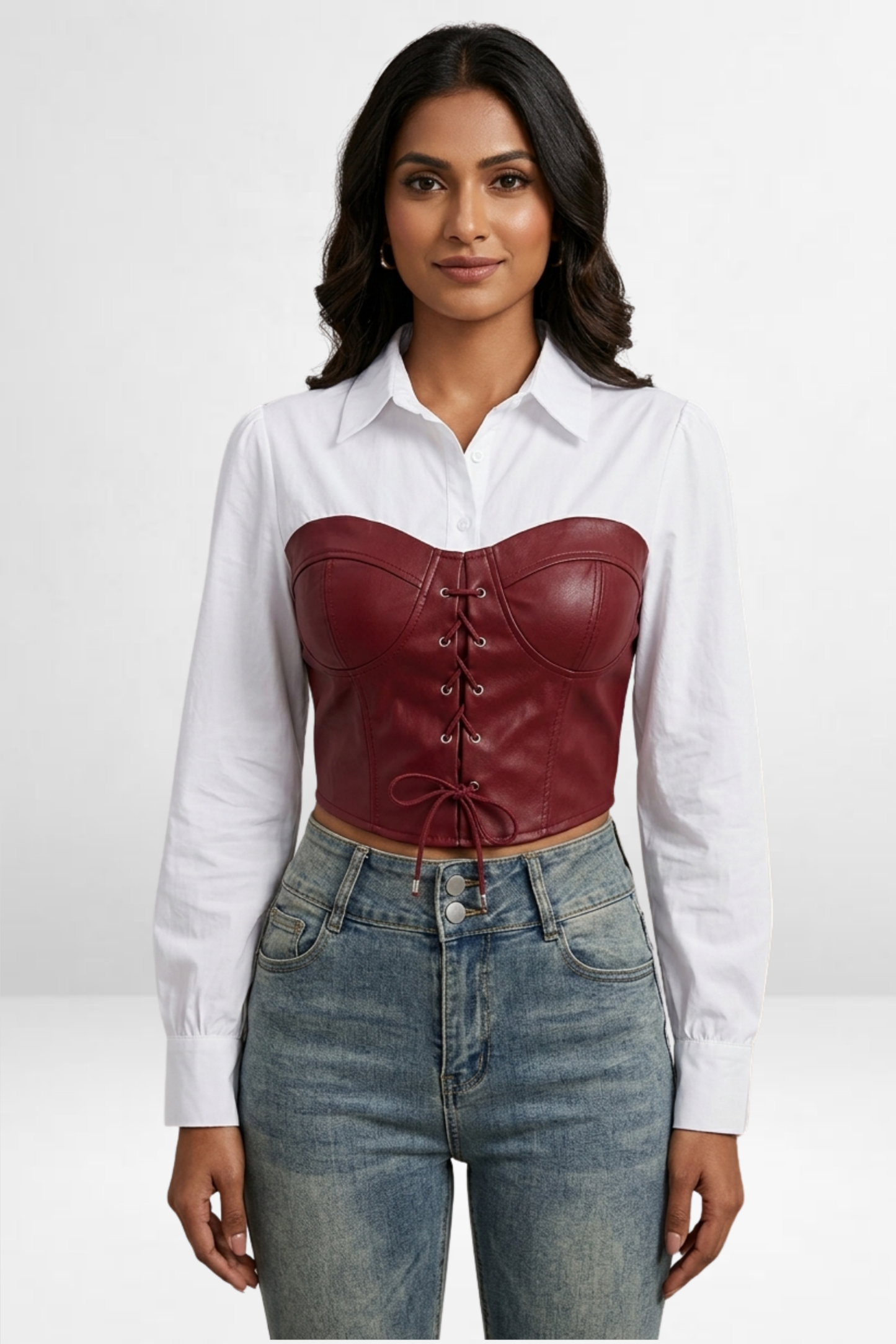 PU Leather Corset Overlay Shirt Top