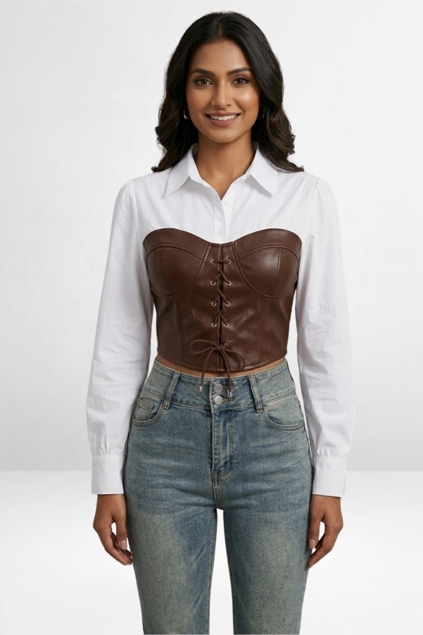 PU Leather Corset Overlay Shirt Top