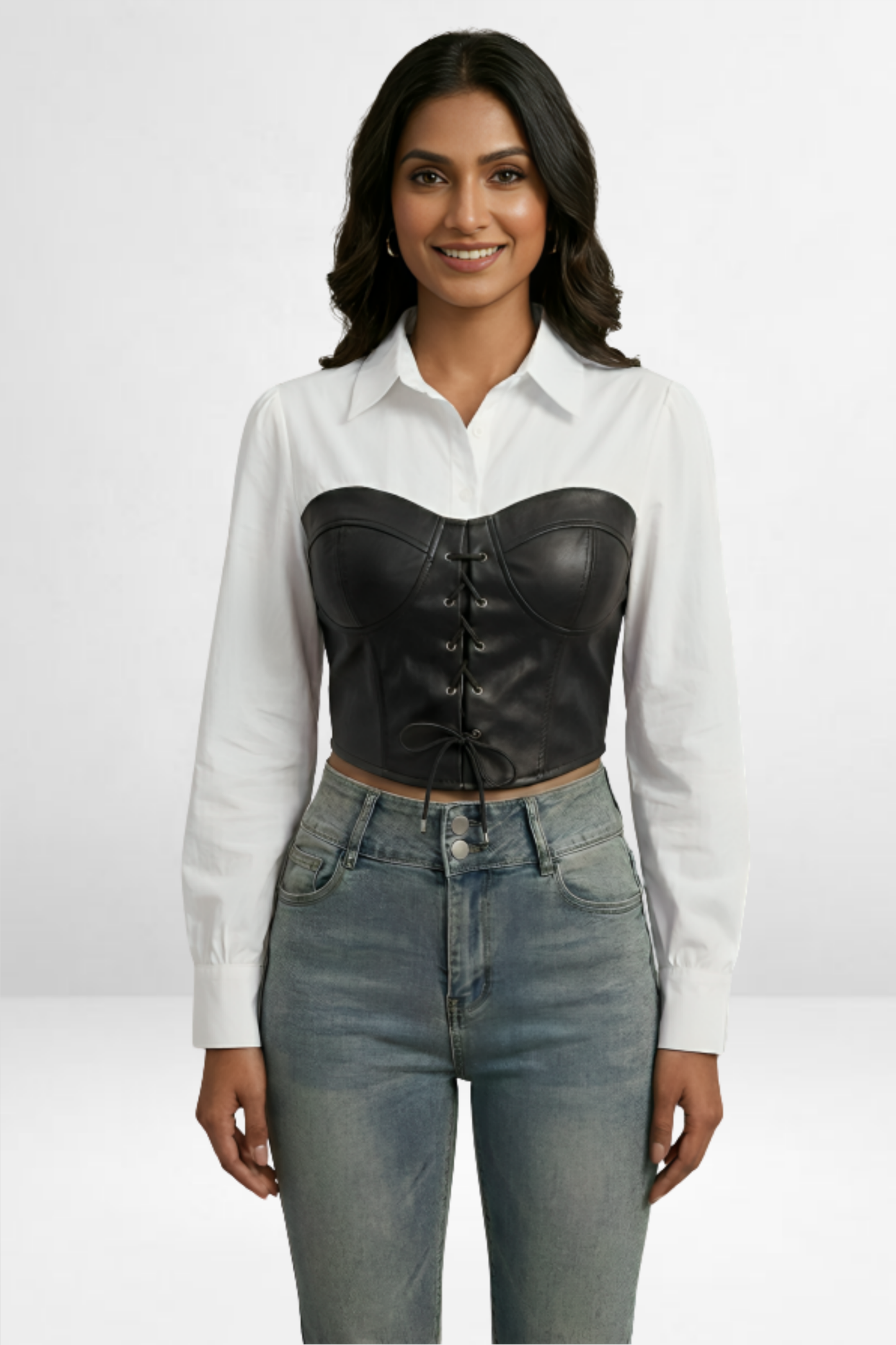 PU Leather Corset Overlay Shirt Top