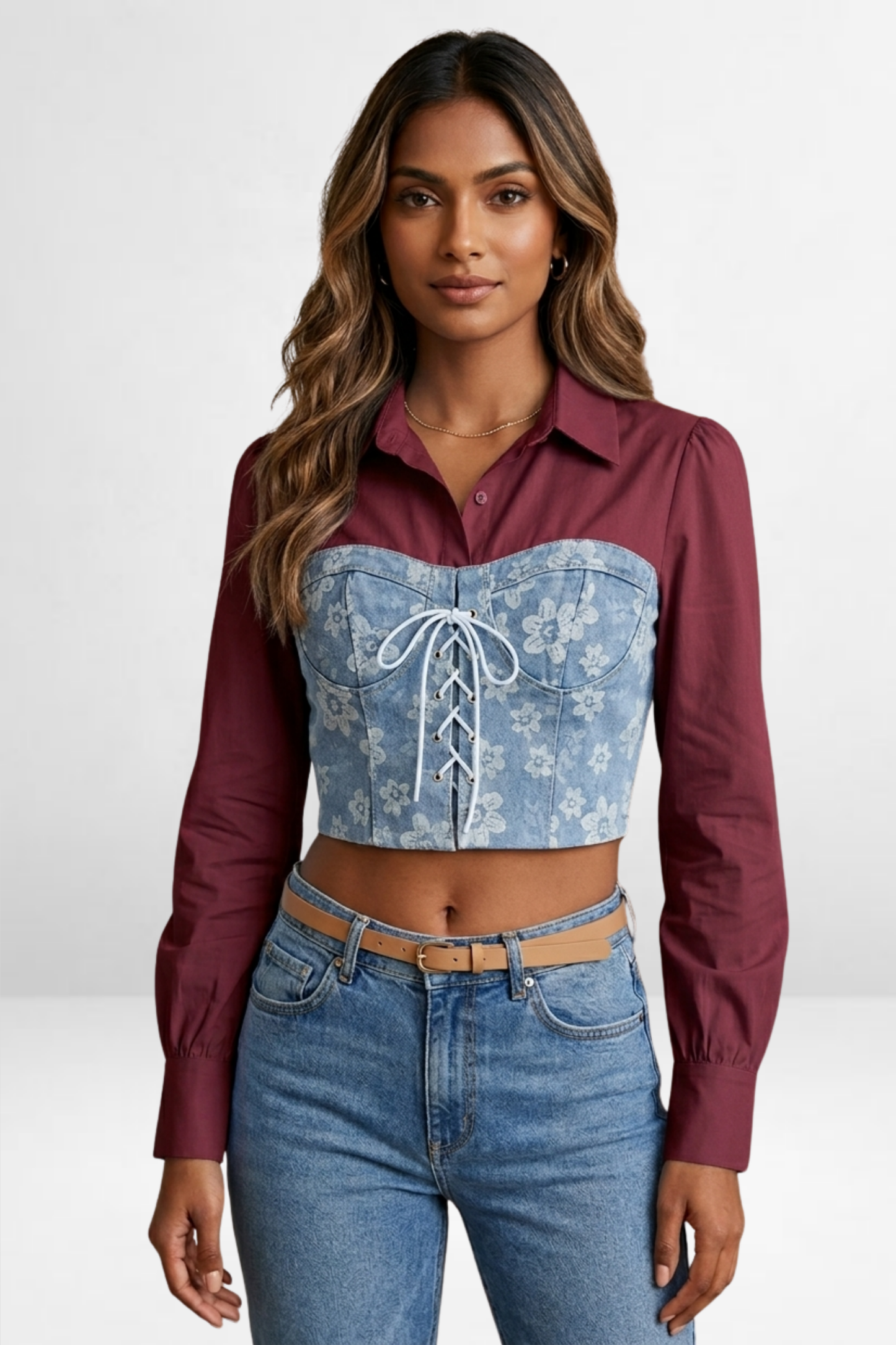 Floral Denim Corset Shirt Top
