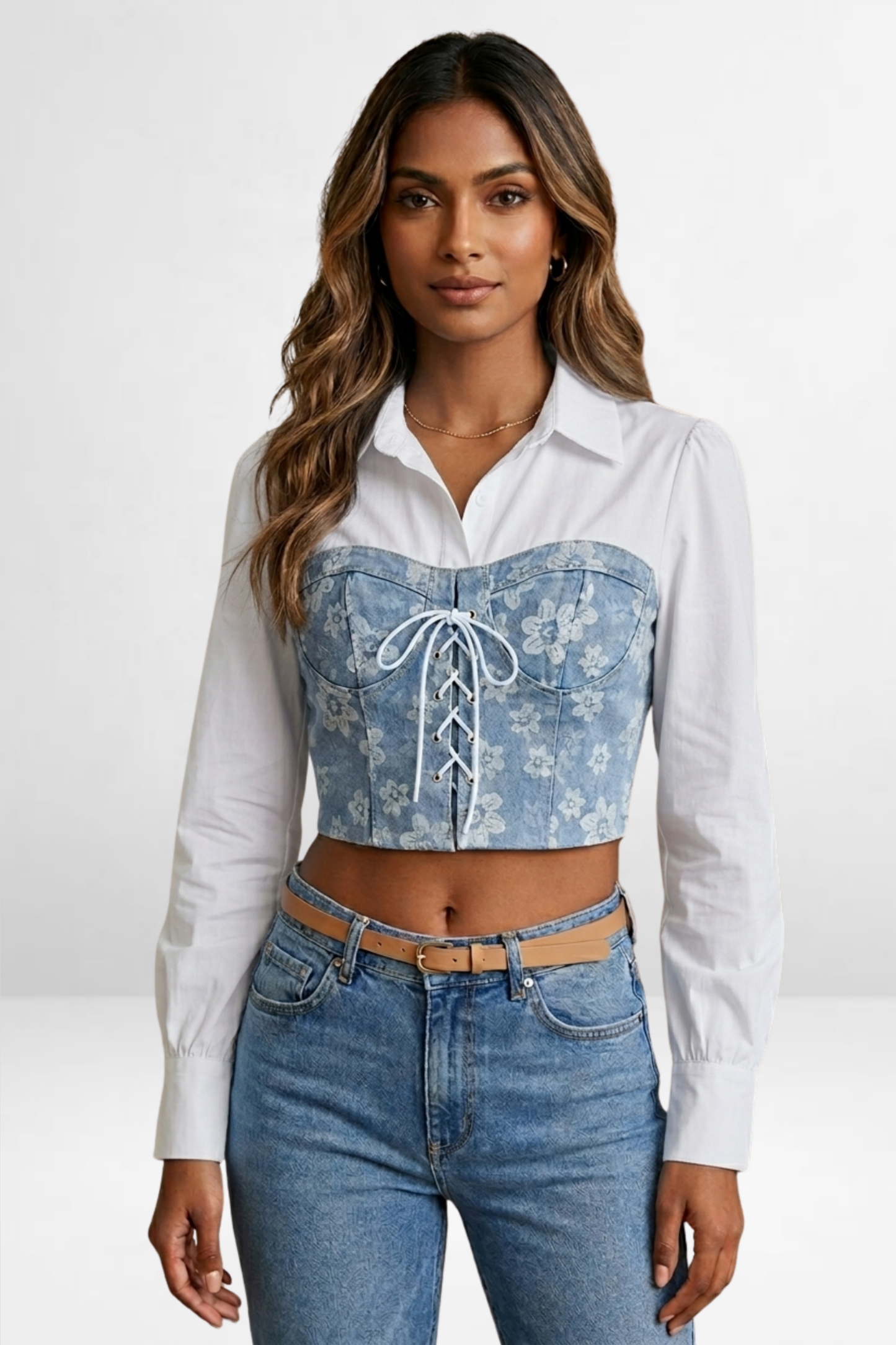Floral Denim Corset Shirt Top