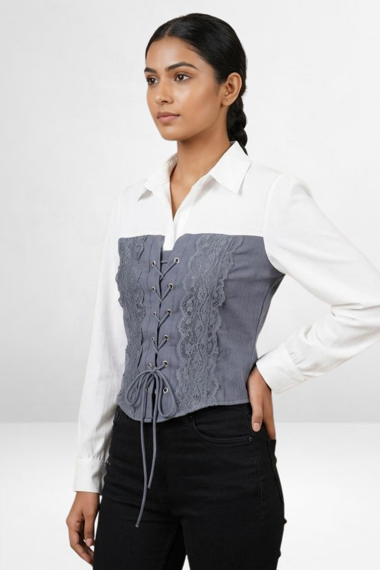 Lace-Up Corset Overlay Shirt Top