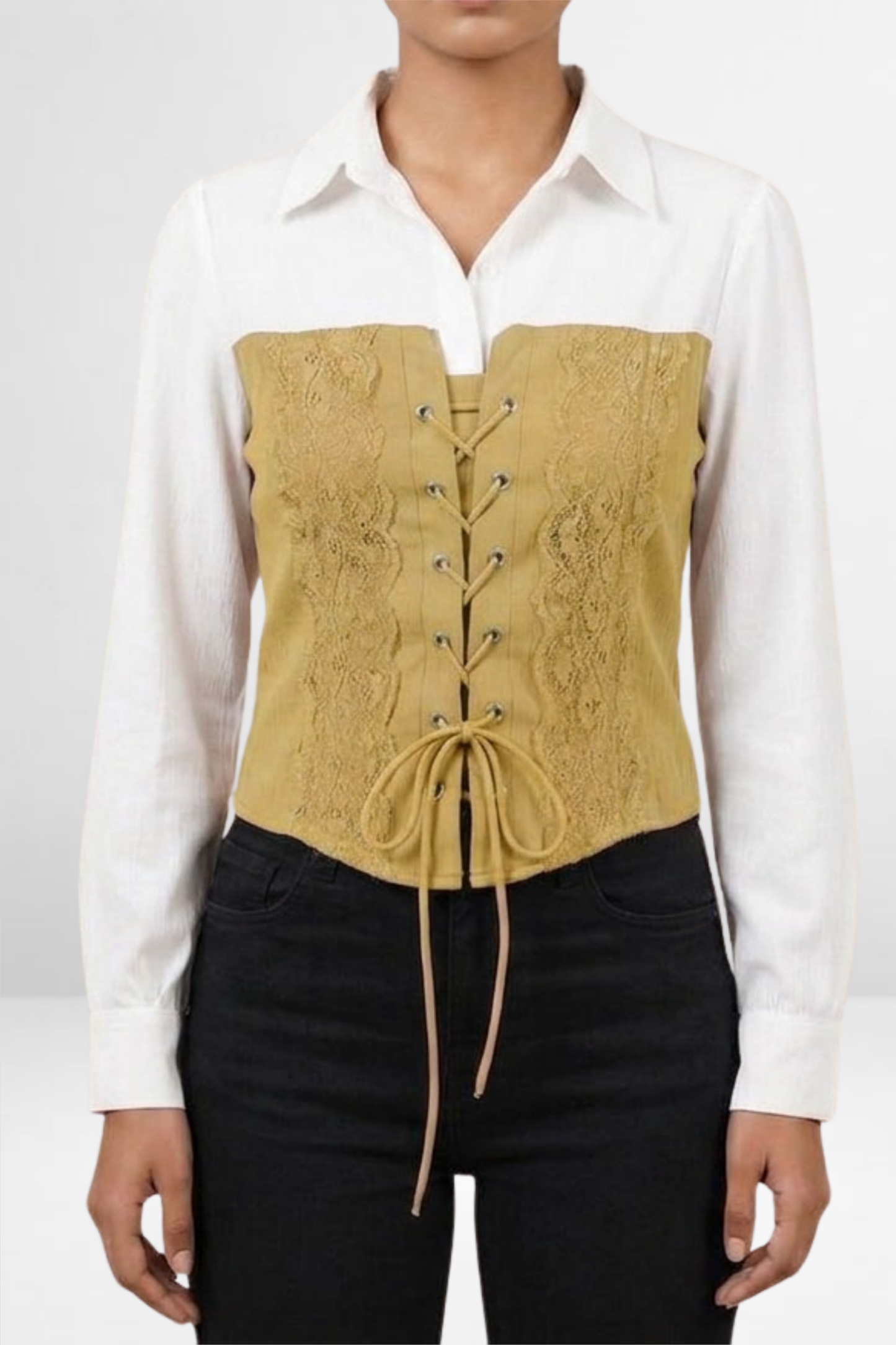 Lace-Up Corset Overlay Shirt Top