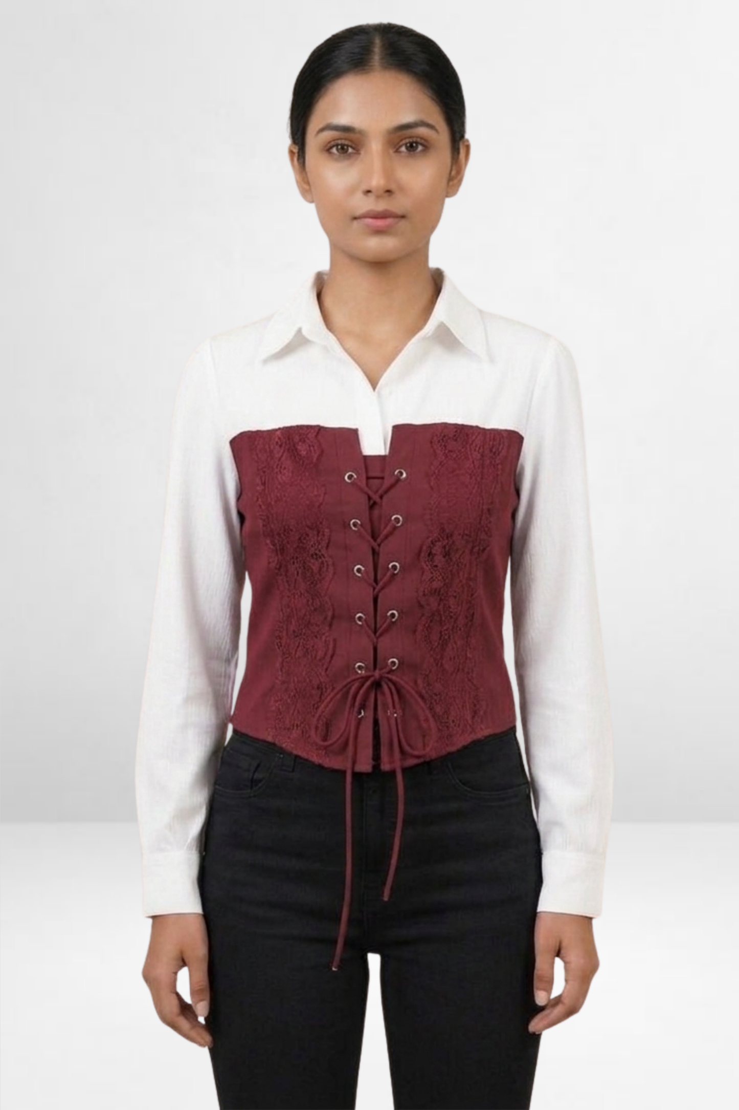 Lace-Up Corset Overlay Shirt Top