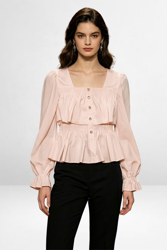 Smocked Peplum Button-Down Top