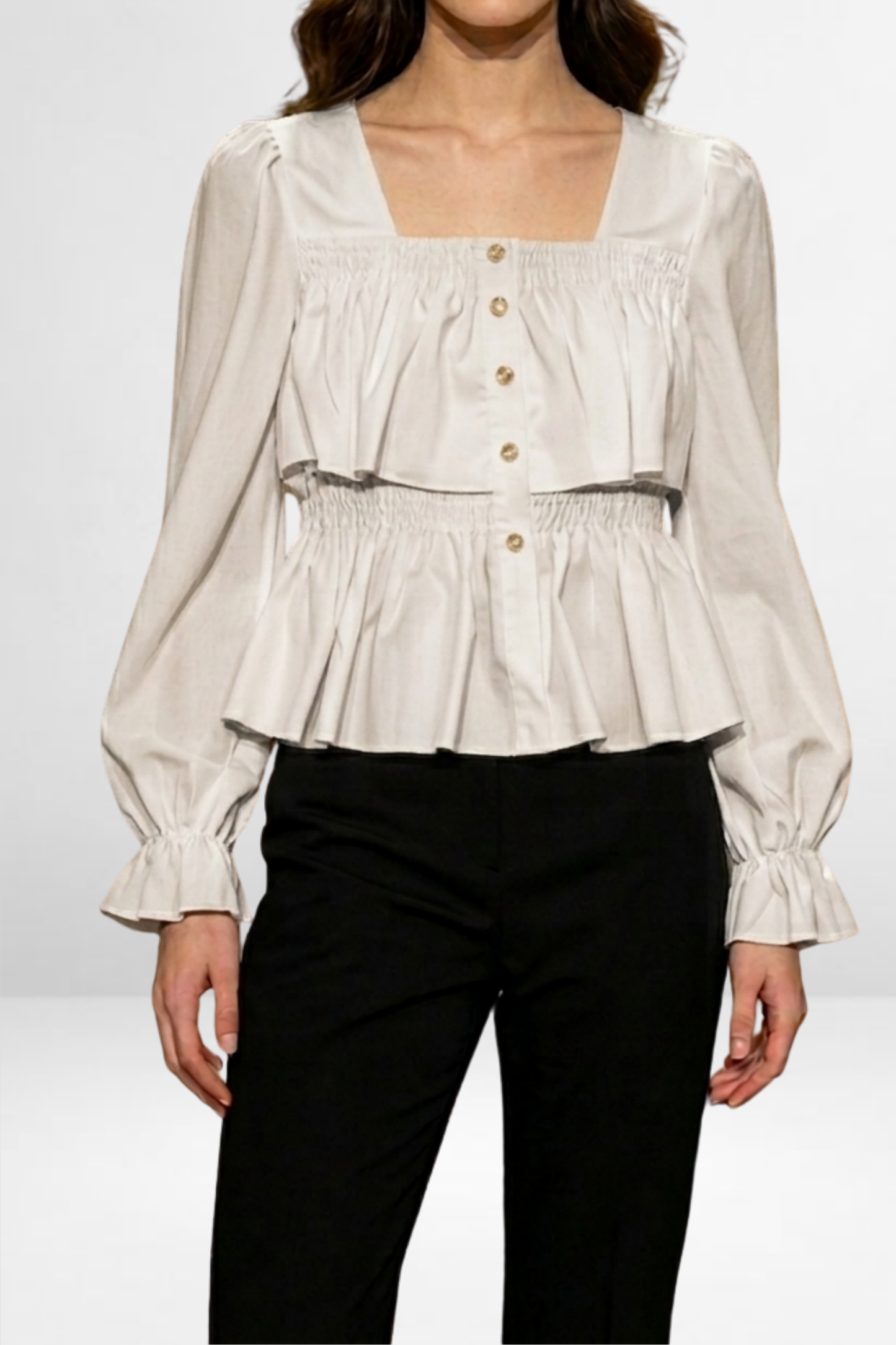 Smocked Peplum Button-Down Top