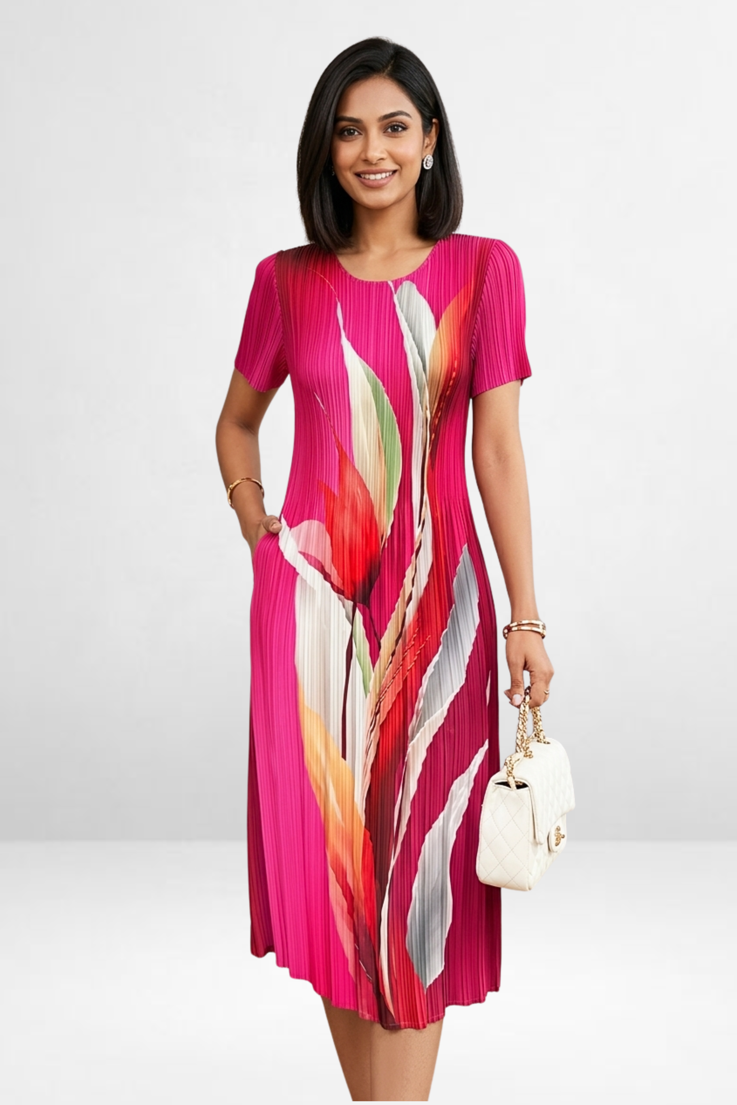 Abstract Pleated Midi Dress