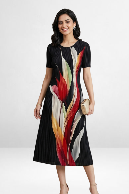 Abstract Pleated Midi Dress