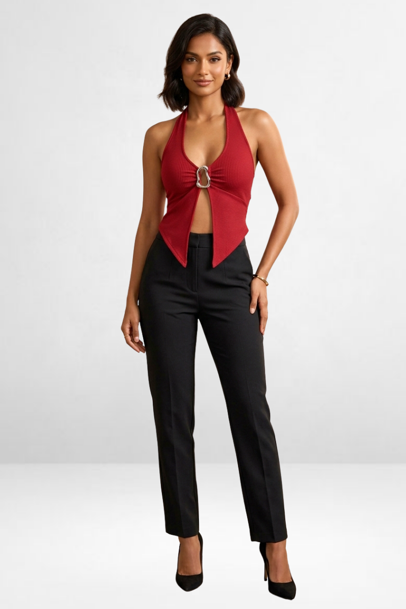 Ribbed Halter Ring Detail Top