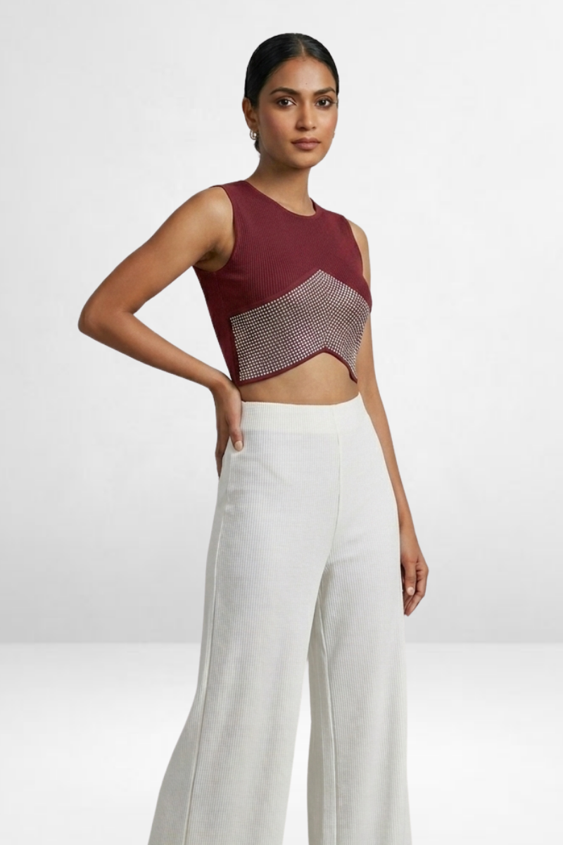 Rhinestone Embellished Asymmetrical Crop Top