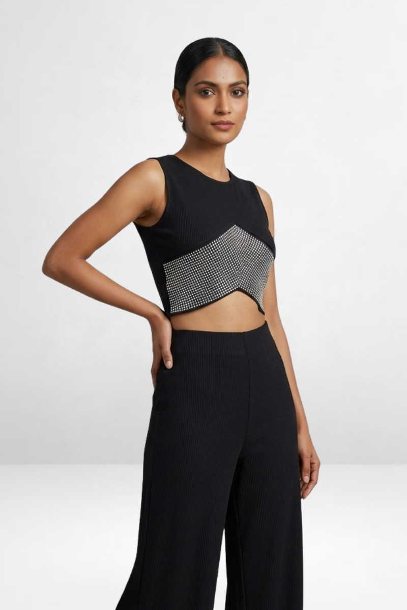 Rhinestone Embellished Asymmetrical Crop Top