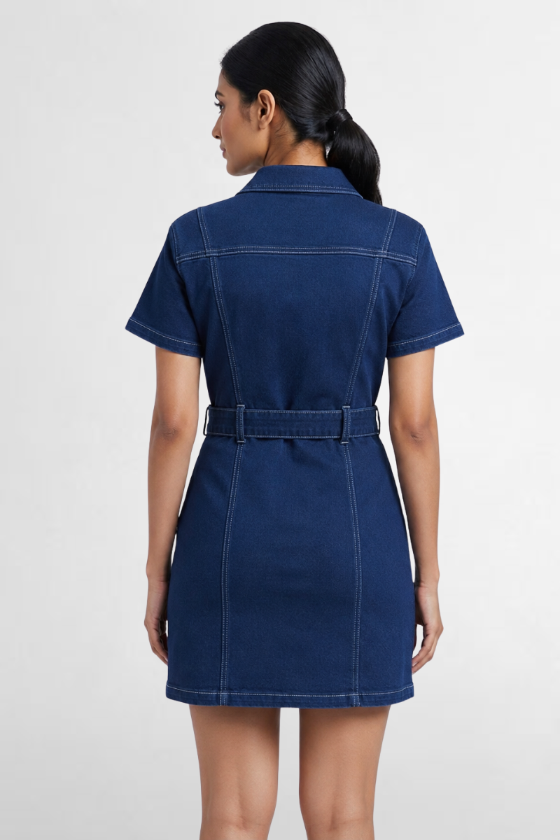 Belted Front Zip Denim Dress