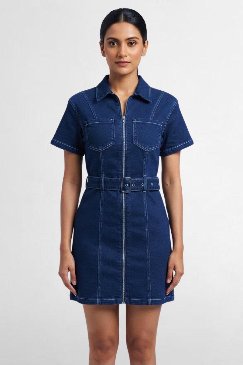 Belted Front Zip Denim Dress